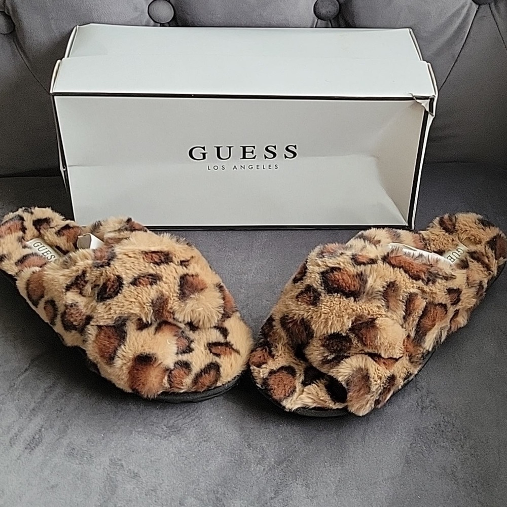 Guess leopard faux fur slippers